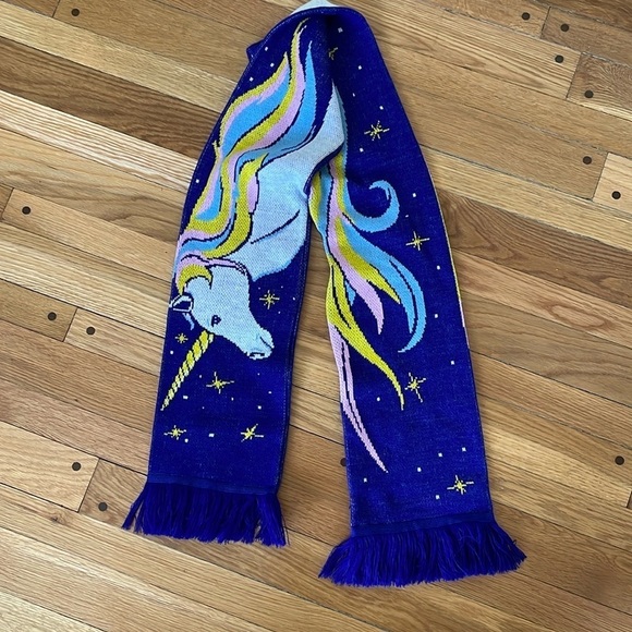 Unicorn Women Teen Winter Acrylic Knit Scarf Fringe Rainbow 66" Blue Large Size - Picture 2 of 4